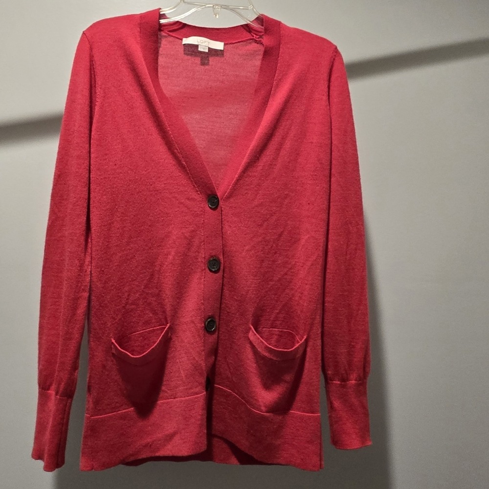 Loft Size Large dark pink Wool Blend Cardigan Sweater Pockets Lightweight‎